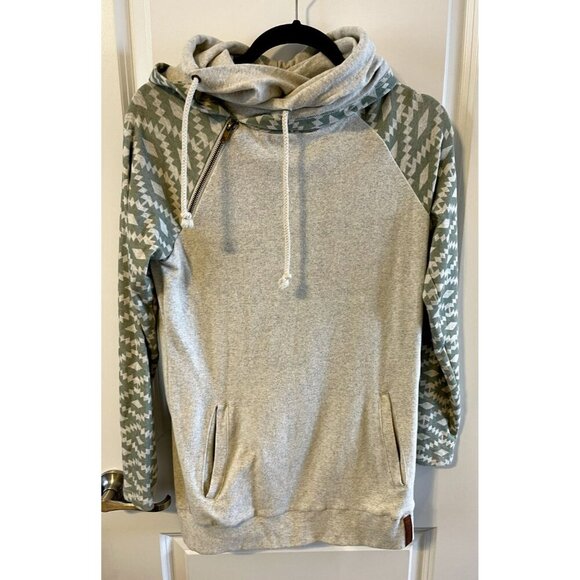Ampersand Avenue Aztec Double Hooded Sweatshirt S Sweater Weather Green Oatmeal - Picture 1 of 9
